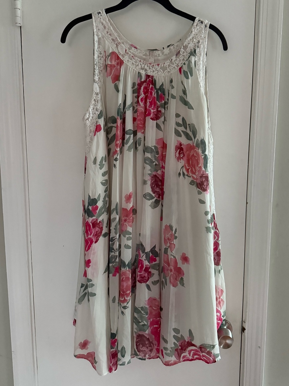 Free People Lace-Trim Cream Lined Dress with Pink Floral Print Size M
